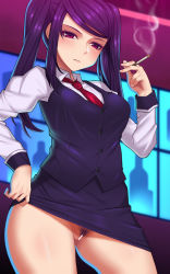 Rule 34 | 1girl, bar censor, bartender, black hair, black skirt, black vest, blush, censored, cigarette, clothes lift, collared shirt, contrapposto, cowboy shot, dress shirt, female pubic hair, formal, highres, jill stingray, lifting own clothes, long hair, long sleeves, looking at viewer, miniskirt, necktie, no panties, nt00, pencil skirt, pubic hair, purple eyes, purple hair, pussy, red necktie, shirt, sidelocks, skirt, skirt lift, skirt suit, solo, suit, swept bangs, thighs, twintails, va-11 hall-a, vest, white shirt