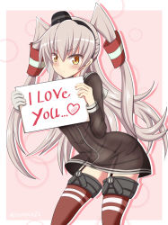 Rule 34 | 10s, 1girl, amatsukaze (kancolle), blush, brown dress, brown hair, dress, english text, hair tubes, hairband, heart, highres, holding, holding sign, kantai collection, panties, red thighhighs, see-through, side-tie panties, sign, solo, tamayan, thighhighs, tsurime, twintails, two side up, underwear, yellow eyes