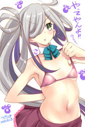 Rule 34 | 1girl, adapted costume, asashimo (kancolle), bikini, breasts, dated, detached collar, green eyes, hair over one eye, highres, kantai collection, navel, parody, parted lips, ribbon, side ponytail, silver hair, skirt, small breasts, solo, swimsuit, ugeppa, v-shaped eyebrows, yellow eyes