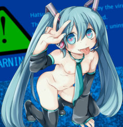 Rule 34 | 1girl, aqua eyes, aqua hair, boots, breasts, collarbone, hatsune miku, headset, heart, heart-shaped pupils, highres, long hair, nail polish, navel, necktie, nipples, nude, rinkashline, small breasts, solo, symbol-shaped pupils, thigh boots, thighhighs, tongue, twintails, v, vocaloid