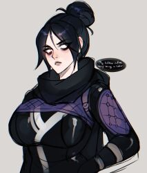 Rule 34 | 1girl, animification, annoyed, apex legends, black bodysuit, black hair, black scarf, bodysuit, breasts, commentary, english commentary, grey background, hair behind ear, hair between eyes, hair bun, hand on own hip, highres, large breasts, no pupils, nose piercing, nsfwolf, parted bangs, parted lips, piercing, scarf, simple background, single hair bun, sketch, solo, speech bubble, upper body, white eyes, wraith (apex legends)