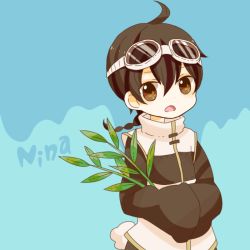 Rule 34 | 1boy, ahoge, bamboo, braid, braided ponytail, brown eyes, brown hair, chinese clothes, frown, goggles, goggles on head, hands in opposite sleeves, high collar, holding, holding plant, long hair, long sleeves, low ponytail, open mouth, original, plant, pomx, rabbit tail, solo, tail, wide sleeves