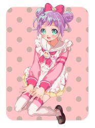 Rule 34 | 1girl, :d, ahoge, apron, bad id, bad twitter id, border, bow, brown footwear, cardigan, double bun, dress, frilled apron, frills, full body, green eyes, hair bow, hair bun, hands on own legs, highres, invisible chair, loafers, long sleeves, looking at viewer, manaka laala, manaka laala (young), neckerchief, open mouth, outside border, paprika private academy school uniform, pink background, pink bow, pink cardigan, pink neckerchief, polka dot, polka dot background, pretty series, pripara, purple hair, sailor collar, school uniform, shoes, short dress, short hair, sitting, smile, solo, white apron, white border, white sailor collar, yellow dress, yuiitsu