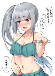 Rule 34 | 1girl, alternate breast size, bikini, blush, breasts, brown eyes, collarbone, commentary request, frilled bikini, frills, groin, hair ribbon, hand on own stomach, highres, holding, ichikawa feesu, kantai collection, kasumi (kancolle), kasumi kai ni (kancolle), long hair, looking away, medium breasts, navel, open mouth, pregnancy test, ribbon, side ponytail, silver hair, simple background, solo, speech bubble, swimsuit, tearing up, translated, white ribbon