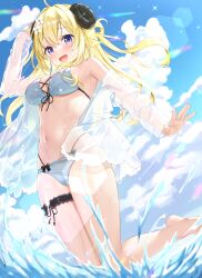 Rule 34 | 1girl, :d, absurdres, ahoge, animal ears, arm up, bare shoulders, barefoot, bikini, blonde hair, blue sky, blush, breasts, bridal garter, cloud, commentary request, curled horns, day, feet, floating hair, flower, foot out of frame, hair flower, hair ornament, highres, hololive, horns, knees together feet apart, leg up, long hair, long sleeves, looking at viewer, medium breasts, navel, off shoulder, open clothes, open mouth, open shirt, outdoors, purple eyes, see-through, see-through shirt, sheep ears, sheep girl, sheep horns, shimo (shimo332215), shirt, sidelocks, sky, smile, solo, stomach, swimsuit, tsunomaki watame, virtual youtuber, water, wet, wet clothes, wet shirt, white bikini, white flower, white shirt