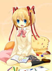 Rule 34 | 1girl, book, bow, candy, colored pencil, eraser, flat chest, kamikita komari, little busters!, pencil, pink bow, sitting, solo, tombow mono, wooden pencil, yuzuki (yuduame)