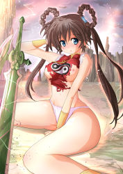 Rule 34 | 1990s (style), artist request, blue eyes, blush, breasts, brown hair, mamono hunter youko, mano youko, panties, sword, torn clothes, underwear, weapon