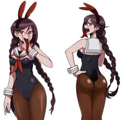 Rule 34 | 1girl, animal ears, black cuffs, black headband, black stripes, braid, braided ponytail, breasts, brown leggings, cleavage, cunnilingus gesture, danganronpa: trigger happy havoc, danganronpa (series), detached collar, ears, female focus, fingernails, fukawa toko, genocider shou, glasses, hair tie, hand on own hip, hand up, headband, leggings, legs, looking back, multicolored cuffs, multiple views, neck, nose, opeipiao, open mouth, rabbit ears, rabbit girl, rabbit tail, red eyes, red headwear, red scarf, round eyewear, sailor collar, scarf, shiny clothes, shiny skin, simple background, small breasts, striped cuffs, teeth, thighs together, turning head, twin braids, upper teeth only, v, white background, white cuffs, white stripes, wrist cuffs