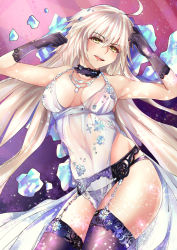Rule 34 | 1girl, ahoge, artoria pendragon (fate), artoria pendragon (lancer alter) (fate), artoria pendragon (lancer alter) (fate) (cosplay), artoria pendragon (lancer alter) (royal icing) (fate), artoria pendragon (lancer alter) (royal icing) (fate) (cosplay), bare shoulders, black gloves, black panties, blonde hair, blush, breasts, choker, cosplay, covered navel, fate/grand order, fate (series), garter belt, gloves, hair between eyes, hands up, highres, hip focus, ice, jeanne d&#039;arc (fate), jeanne d&#039;arc alter (avenger) (fate), jeanne d&#039;arc alter (fate), jewelry, large breasts, lingerie, long hair, looking at viewer, necklace, official alternate costume, open mouth, panties, see-through, shumiao, smile, solo, sparkle, thighhighs, thighs, underwear, very long hair, yellow eyes