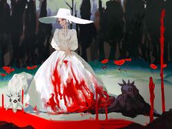Rule 34 | 1girl, blood, blood on clothes, blood on face, bloody tears, closed mouth, creature, dress, flower, full body, hat, highres, jiz (pffbq), looking to the side, original, outdoors, puffy sleeves, red eyes, red flower, smile, solo, standing, sun hat, surreal, white dress, white hat