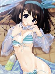 Rule 34 | 1girl, absurdres, bikini, black hair, blue eyes, blush, bottle, breasts, brown hair, cleavage, front-tie top, hair ribbon, highres, long hair, lying, open clothes, open shirt, original, ribbon, shirt, side-tie bikini bottom, small breasts, solo, striped bikini, striped clothes, swimsuit, untied, urotan, wet, wet clothes