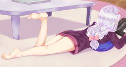 Rule 34 | 10s, 1girl, bare legs, barefoot, bow, carpet, commentary request, computer, drawing, drawing tablet, eromanga sensei, feet, hair bow, highres, indoors, izumi sagiri, laptop, leg up, long hair, long sleeves, low-tied long hair, lying, nenosame (nenosame5 ), no pants, on stomach, pillow, pink bow, purple shirt, shirt, silver hair, soles, solo, table, the pose, toes, very long hair