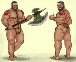 Rule 34 | 1boy, abs, alternate costume, arm hair, ass, axe, bara, barbarian, battle axe, beard, body hair, bulge, chest hair, commission, eyebrow cut, facial hair, full body, grin, growlygruntz, hairy, holding, holding axe, large pectorals, league of legends, leg hair, loincloth, looking at viewer, male focus, mature male, multiple views, muscular, muscular male, navel hair, nipples, pectorals, short hair, shoulder tattoo, sideburns, smile, stomach, tattoo, thick eyebrows, thick thighs, thighs, thumbs up, topless male, tribal, udyr, undercut, weapon