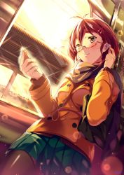 Rule 34 | 1girl, bad id, bad pixiv id, brown eyes, brown hair, buttons, coat, digital media player, double-breasted, earphones, earphones removed, glasses, hair ornament, hairclip, light particles, original, pleated skirt, ryuji (ikeriu), scarf, short hair, skirt, solo, train station