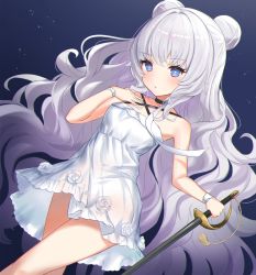 Rule 34 | + +, 1girl, azur lane, bare arms, bare shoulders, black choker, blue eyes, blush, breasts, choker, closed mouth, collarbone, cowboy shot, criss-cross halter, double bun, dress, dutch angle, flower, frills, grey hair, hair between eyes, hair bun, halterneck, hand on own chest, hand up, highres, holding, holding sword, holding weapon, kiki-yu, le malin (azur lane), le malin (sleepy sunday) (azur lane), long hair, looking at viewer, official alternate costume, rapier, ribbon, rose, see-through, short dress, sidelocks, simple background, sleeveless, sleeveless dress, small breasts, solo, standing, sundress, sword, symbol-shaped pupils, very long hair, wavy hair, weapon, white dress, white flower, white rose, wrist ribbon, wristband