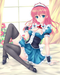 Rule 34 | 1girl, adjusting hair, alternate costume, arm support, black thighhighs, blue eyes, braid, breasts, cleavage, cleavage cutout, clothing cutout, corset, enmaided, female focus, fred0092, high heels, highres, hong meiling, maid, maid headdress, red hair, ribbon, shoes, sitting, solo, thighhighs, touhou, twin braids, wrist cuffs