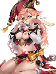 Rule 34 | 1girl, :p, absurdres, antlers, bow, breasts, breasts out, elocca, genshin impact, green eyes, hair between eyes, hands on own face, high heels, highres, horns, long hair, long sleeves, looking at viewer, midriff, navel, nipples, pink hair, puffy long sleeves, puffy sleeves, red headwear, red skirt, red vest, seiza, simple background, sitting, skirt, small breasts, smile, solo, thighs, tongue, tongue out, vest, white background, yanfei (genshin impact), yellow bow