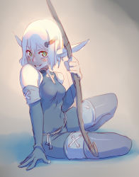 Rule 34 | 1girl, arm support, backlighting, bare shoulders, belt, blonde hair, blue gloves, boots, bow (weapon), breasts, covered navel, cra (wakfu), elbow gloves, evangelyne (wakfu), freckles, full body, gloves, green eyes, grey background, hair ornament, hairclip, highres, holding, holding weapon, muted color, parted lips, pointy ears, short hair, sitting, sketch, sleeveless, small breasts, smile, solo, thigh boots, thighhighs, unitard, wakfu, weapon, white hair, xaxaxa