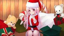 Rule 34 | 1girl, belt, blush, candy, candy cane, christmas, dress, food, fur trim, gift, hand on own chest, hat, highres, lollipop, long hair, original, oversized food, oversized object, pink eyes, pink hair, red dress, red hat, santa costume, santa hat, sitting, solo, stuffed animal, stuffed toy, teddy bear, tisofofo