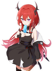 Rule 34 | 1girl, aged down, arknights, black bow, black collar, black dress, black jacket, black thighhighs, bow, collar, cowboy shot, demon horns, detached collar, dress, flat chest, food, hair between eyes, hand up, highres, holding, holding food, horns, jacket, long hair, looking at viewer, multico, off shoulder, open clothes, open jacket, popsicle, purple eyes, red hair, sidelocks, simple background, sleeveless, sleeveless dress, solo, surtr (arknights), thighhighs, tongue, tongue out, v-shaped eyebrows, white background