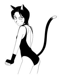 Rule 34 | 1other, anger vein, animal ears, back cutout, bare back, bell, bob cut, cat ears, cat tail, clothing cutout, collar, embarrassed, fingerless gloves, from behind, gloves, highres, jadoochicken, jingle bell, looking at viewer, monochrome, one-piece swimsuit, original, short hair, simple background, solo, standing, swimsuit, tail