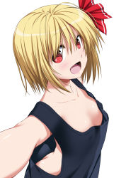 Rule 34 | 1girl, :d, arched back, ass, bare shoulders, black tank top, blonde hair, blush, border, breasts, brown background, cleavage, collarbone, commentary, downblouse, drop shadow, fang, from side, hair between eyes, hair ribbon, highres, looking at viewer, low-cut armhole, no bra, nori tamago, open mouth, outside border, outstretched arms, oversized clothes, red eyes, ribbon, rumia, short hair, simple background, small breasts, smile, solo, tank top, touhou, upper body, white background, white border