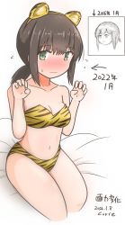 Rule 34 | 1girl, animal ears, animal print, bikini, black hair, commentary request, cowboy shot, curse (023), fubuki (kancolle), green eyes, highres, kantai collection, long hair, looking at viewer, low ponytail, ponytail, short ponytail, sidelocks, simple background, sitting, solo, strapless, strapless bikini, swimsuit, tiger ears, tiger print, white background