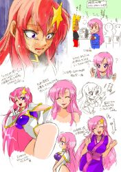 Rule 34 | 00s, 1girl, ?, \m/, ^ ^, bad id, bad pixiv id, breasts, capelet, closed eyes, collage, crying, crying with eyes open, eyelashes, closed eyes, gundam, gundam seed, gundam seed destiny, hair ornament, highleg, highres, jewelry, large breasts, leaning forward, long hair, marimo (yousei ranbu), meer campbell, one eye closed, pink hair, purple eyes, ring, star (symbol), star hair ornament, tears, translation request, v arms, very long hair, wink