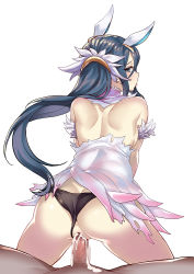 Rule 34 | 1boy, 1girl, ass, black panties, blue eyes, blue hair, censored, cum, cum in pussy, fire emblem, from behind, hair ornament, hetero, kaorihero, long hair, looking back, mosaic censoring, nintendo, oribe tsubasa, panties, penis, ponytail, pussy, reverse cowgirl position, sex, sex from behind, simple background, solo focus, straddling, tokyo mirage sessions fe, torn clothes, underwear, vaginal, white background