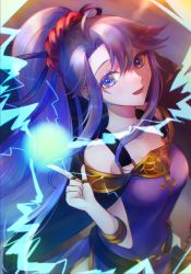 Rule 34 | 1girl, absurdres, blue eyes, breasts, cape, dress, electricity, fire emblem, fire emblem: genealogy of the holy war, floating hair, hair behind ear, highres, hikashi10 nsk, jewelry, long hair, looking at viewer, medium breasts, nintendo, open mouth, pointing, ponytail, purple dress, purple hair, ring, smile, solo, tailtiu (fire emblem)