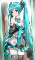1girl, absurdres, bare shoulders, black legwear, blue nails, blue neckwear, blush, breasts, detached sleeves, grey shirt, guitar, hair between eyes, hand on own chest, hands up, hatsune miku, head tilt, highres, holding necktie, indoors, instrument, itogari, long hair, looking at viewer, miniskirt, nail polish, necktie, pleated skirt, shirt, skindentation, skirt, small breasts, smile, solo, thighhighs, twintails, very long hair, vocaloid