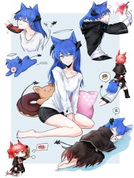 Rule 34 | 2girls, anger vein, animal, animal ear fluff, animal ears, animalization, arknights, black gloves, black jacket, black shorts, blouse, blue eyes, blue hair, chibi, closed eyes, closed mouth, collarbone, commentary request, doughnut, emoji, fiammetta (arknights), food, food in mouth, fur-trimmed hood, fur trim, gloves, grey background, hair between eyes, halo, hand on another&#039;s chin, hand on own chin, highres, hood, hood down, hooded jacket, horns, jacket, kemonomimi mode, long hair, mostima (arknights), mouth hold, multiple girls, multiple views, open clothes, open jacket, pleading face emoji, red eyes, red hair, shirt, short shorts, shorts, sleeping, smile, spoken emoji, spoken zzz, stroking another&#039;s chin, stroking own chin, stuffed animal, stuffed rabbit, stuffed toy, tail, tail wagging, two-tone background, umiakira0606, white background, white gloves, white shirt, zzz