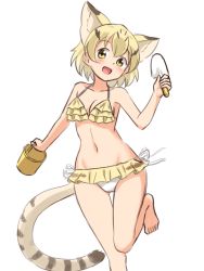 Rule 34 | 1girl, :d, absurdres, adapted costume, animal ears, bare legs, barefoot, bikini, blonde hair, blush, breasts, bucket, cat ears, cat girl, cat tail, extra ears, foot out of frame, frilled bikini, frills, groin, hair between eyes, highres, kemono friends, looking at viewer, medium breasts, midriff, navel, open mouth, sand cat (kemono friends), shiraha maru, short hair, side-tie bikini bottom, smile, solo, swimsuit, tail, thigh gap, trowel, yellow bikini, yellow eyes