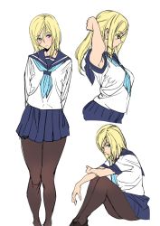Rule 34 | 1girl, adjusting hair, arms behind back, ashiomi masato, black pantyhose, blonde hair, blouse, blue eyes, blue neckerchief, blue skirt, blush, breasts, closed mouth, guilty gear, guilty gear xrd, hair between eyes, long hair, looking at viewer, millia rage, multiple views, neckerchief, pantyhose, parted bangs, pleated skirt, school uniform, serafuku, shirt, simple background, sitting, skirt, solo, standing, upper body, white background, white shirt