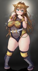 Rule 34 | 1girl, animal ears, animal print, armband, arms up, belt, black footwear, blush, boots, breasts, brown hair, buckle, clenched hands, commission, crotch seam, dot nose, gradient background, green eyes, hair between eyes, hair intakes, hair over breasts, highres, knee pads, kneehighs, large breasts, leotard, long hair, looking at viewer, medium breasts, pixiv commission, plump, shadow, shigekikkusu, skindentation, socks, solo, standing, sweat, thick thighs, thighs, tiger print, wrist cuffs