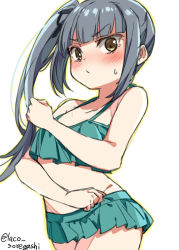 Rule 34 | 1girl, bikini, bikini skirt, brown eyes, commentary request, cowboy shot, flat chest, green bikini, grey hair, kantai collection, kasumi (kancolle), laco soregashi, long hair, looking at viewer, one-hour drawing challenge, side ponytail, simple background, solo, swimsuit, twitter username, white background