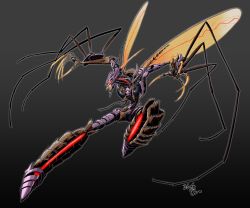 Rule 34 | 1boy, arthropod limbs, beast wars, beast wars: transformers, biomechanical, bug, claws, compound eyes, flying kick, glowing, glowing eyes, highres, insect, insect wings, kicking, male focus, mecha, mosquito, oohara tetsuya, organic, predacon, robot, transformers, transquito, wings