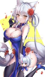 Rule 34 | 1girl, 8931ponzu, animal ears, bare shoulders, black gloves, black thighhighs, blue dress, blue footwear, breasts, china dress, chinese clothes, claw pose, cleavage, cleavage cutout, clothing cutout, covered navel, dress, elbow gloves, flower, fox ears, fox girl, fox tail, gloves, gold trim, hand up, highres, large breasts, long hair, looking at viewer, original, pelvic curtain, pout, rose, shoes, sleeveless, sleeveless dress, solo, tail, thighhighs, twintails, white hair, yellow eyes