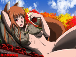 Rule 34 | 00s, 1girl, animal ears, apple, breasts, food, fruit, grimbyslayer, highres, holo, long hair, medium breasts, red hair, solo, spice and wolf, underboob, wallpaper, wolf ears, zutroy