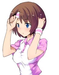 Rule 34 | 1girl, :o, adjusting clothes, arms up, blue eyes, blush, breasts, brown hair, buttons, caburi aki, collared shirt, eyebrows, headband, looking at viewer, original, parted lips, shirt, short hair, short sleeves, simple background, solo, sportswear, sweatband, tareme, tennis uniform, upper body, white background, white shirt