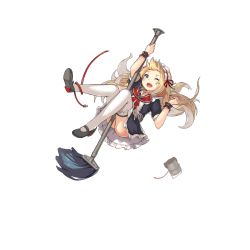 Rule 34 | 1girl, alternate costume, apron, ass, between legs, black footwear, blonde hair, blue eyes, bow, cable, deutschland (warship girls r), enmaided, falling, frills, full body, lino-lin, maid, maid headdress, mop, official art, one eye closed, open mouth, red bow, red ribbon, ribbon, shoes, short sleeves, slipping, solo, teeth, thighhighs, transparent background, warship girls r, white apron, white thighhighs, wrist cuffs