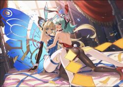 Rule 34 | 2girls, animal ears, aqua hair, ass, azure striker gunvolt, azure striker gunvolt 2, back, backless leotard, blonde hair, blue eyes, blue leotard, breasts, butterfly wings, cleavage, cluseller, confetti, expressionless, fake animal ears, fake tail, fang, fishnet pantyhose, fishnets, grey hair, highleg, highleg leotard, hug, insect wings, leotard, long hair, looking at viewer, looking back, lumen (gunvolt), medium breasts, multiple girls, open mouth, pantyhose, playboy bunny, rabbit ears, rabbit tail, red eyes, red leotard, ribbon, roro (gunvolt), sideboob, sitting, skindentation, smile, sparkle, tail, thigh strap, white pantyhose, wings, wrist cuffs