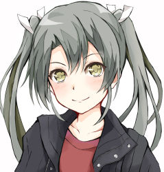 Rule 34 | 1girl, alternate costume, black jacket, commentary request, dairyo3, grey hair, hair ribbon, highres, jacket, kantai collection, long hair, looking at viewer, red shirt, ribbon, shirt, simple background, smile, solo, twintails, upper body, white background, white ribbon, yellow eyes, zuikaku (kancolle)