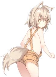 Rule 34 | 1girl, alternate hair length, alternate hairstyle, animal ears, bad id, bad pixiv id, bare shoulders, blonde hair, blush, bright pupils, fox ears, fox girl, fox tail, from behind, hair between eyes, highres, looking at viewer, naked overalls, original, otokuyou, overalls, short hair, simple background, solo, suspenders, tail, thick eyebrows, white background, yellow eyes, yoru (otokuyou)