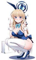 Rule 34 | 1girl, absurdres, animal ears, bare shoulders, blonde hair, blue archive, blue bow, blue eyes, blue hairband, blue halo, blue leotard, blush, bow, bowtie, braid, breasts, briefcase, closed mouth, detached collar, double v, fake animal ears, full body, hairband, halo, highleg, highleg leotard, highres, leotard, long hair, medium breasts, official alternate costume, official alternate hairstyle, playboy bunny, rabbit ears, solo, sparkle, squatting, strapless, strapless leotard, thighhighs, thighs, toki (blue archive), toki (bunny) (blue archive), v, very long hair, white thighhighs, wrist cuffs, yoshimoto (carpsukidayo)