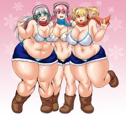 Rule 34 | 3girls, absurdres, bare arms, bare shoulders, bikini, bikini top only, blonde hair, blue eyes, blunt bangs, boots, breasts, cleavage, curvy, fat, full body, gradient background, headphones, highres, huge breasts, kyelyn, large breasts, legs, looking at viewer, matching hair/eyes, multiple girls, navel, nitroplus, one eye closed, open mouth, pink background, pink eyes, pink hair, plump, red eyes, scarf, silver hair, smile, standing, super pochaco, super sonico, super taruco, swimsuit, thick thighs, thighs, tongue, twintails, wide hips, wink