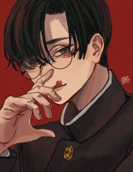 Rule 34 | 1boy, :q, bad id, bad pixiv id, black hair, black jacket, buttons, commentary, forked tongue, gakuran, glasses, green eyes, hair over one eye, hand to own mouth, hand up, jacket, kagoya1219, licking lips, long sleeves, looking at viewer, male focus, original, red background, round eyewear, school uniform, short hair, signature, simple background, solo, tongue, tongue out, upper body
