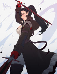 Rule 34 | 1girl, artist name, black hair, breasts, coat, dual wielding, earrings, elezen, elf, final fantasy, final fantasy xiv, fingerless gloves, from side, gloves, highres, hilda ware, holding, holding sword, holding weapon, hyur, jewelry, koyorin, long coat, long hair, looking at viewer, medium breasts, open clothes, open coat, pointy ears, ponytail, red eyes, red gloves, solo, sword, viper (final fantasy), weapon