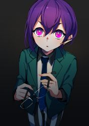 Rule 34 | 1girl, bishounen series, blue neckwear, doujima mayumi, earrings, from above, glasses, green jacket, hair ornament, hairclip, highres, holding, holding removed eyewear, jacket, jewelry, looking away, myuga66666, necktie, open mouth, pants, pink eyes, purple hair, school uniform, short hair, striped clothes, striped pants, unworn eyewear, yubiwa high school uniform