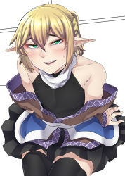 Rule 34 | 1boy, black skirt, black thighhighs, blonde hair, blush, brown shirt, covered erect nipples, crossdressing, genderswap, genderswap (ftm), genderswap (mtf), green eyes, hair between eyes, highres, layered clothes, looking at viewer, male focus, mizuhashi parsee, muscular, nicutoka, open clothes, open mouth, open shirt, pectorals, pleated skirt, pointy ears, scarf, shiny skin, shirt, short hair, short ponytail, sitting, skin tight, skirt, sleeveless, smile, solo, sweatdrop, teeth, thighhighs, toned, tongue, touhou, white scarf, zettai ryouiki